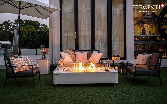 Elementi+ | Bundle Athens Gas Fire Pit | Concrete Body & Marble Porcelain Top | 62" Rectangular Fire Table | Electronic Ignition | Canvas Cover, Fire Glass, Burner Lid & More | White | Propane Gas