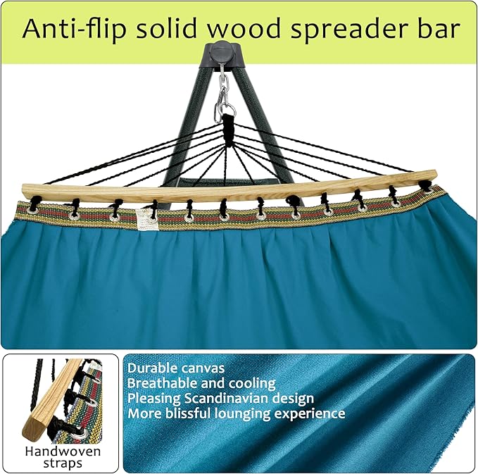 Tranquillo Canvas Hammock with Stand Heavy-Duty, Hammock Quick Fold Unfold Steel Frame Hammock, Portable Hammock Stand Spreader Bar, 600 lbs Capacity Portable Relaxation Gear, Blue