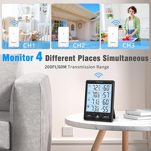 Geevon Indoor Outdoor Thermometer Wireless 3 Remote Sensors, 5-Inch Display Digital Hygrometer Thermometer Temperature Humidity Monitor with 8S Backlight, Battery-Powered (Black)