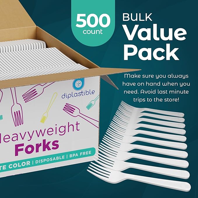500 Count – Heavyweight Disposable White Plastic Forks | Big Party Pack Forks | Plastic Salad Forks |Great for Celebrations, Parties, Travels, Events, and Everyday Use