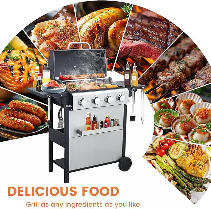 4-Burner Propane Gas BBQ Grill, 34200BTU Stainless Steel Barbecue Grill With Wire Enamel Cooking Grids, Foldable Side Table for Outdoor Camping (Style11: 4 Burner)