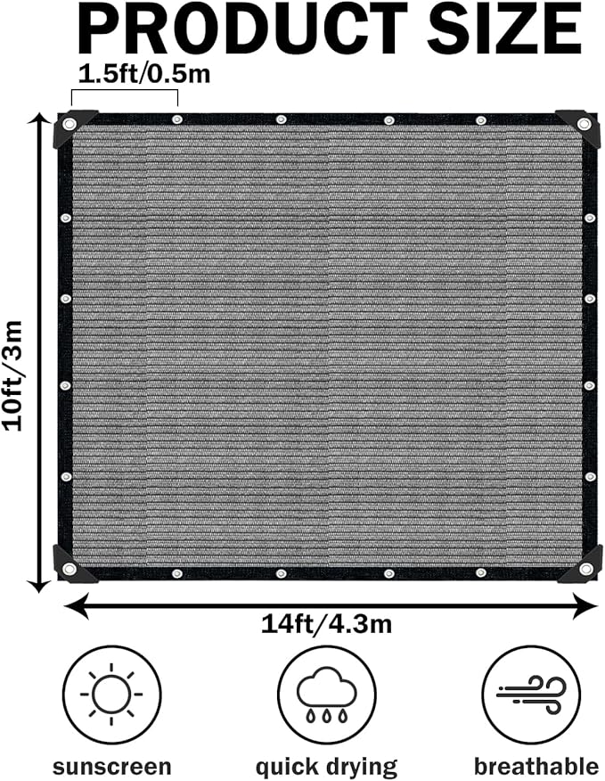 Grey Sun Shade Cloth,Pergola Shade Cover with Reinforced Grommets,90% Shade Fabric Fence Privacy Screen Balcony,Pergola Shade Cover Canopy Garden Carport Porch Deck Patio Shade Cover,10x14FT
