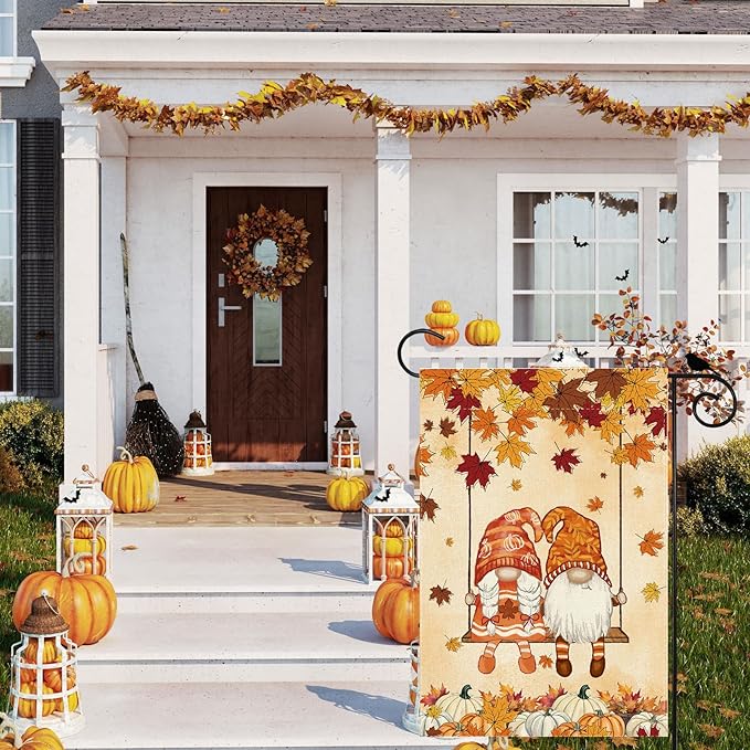Fall Gnomes Swing Maple Leaves Pumpkins Autumn Garden Flag Yard Flag 12x18 Inch Double Sided Small Mini Yard Outdoor Outside Farmhouse Holiday Decoration