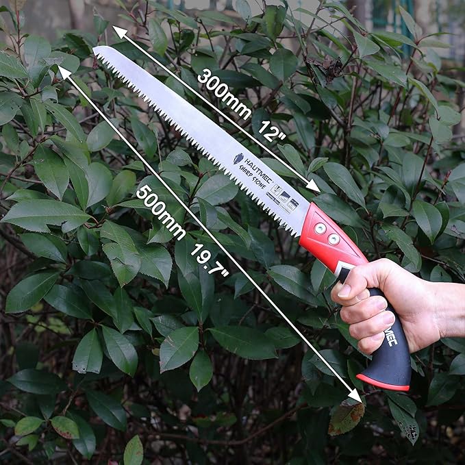 HAUTMEC 12" Pruning Hand Saw, A Pull Stroke Saw with Straight SK5 Steel Blade, Trapezoidal Teeth and Scabbard, for Pruning, Woodworking, Sharp Stone Series, HT0305