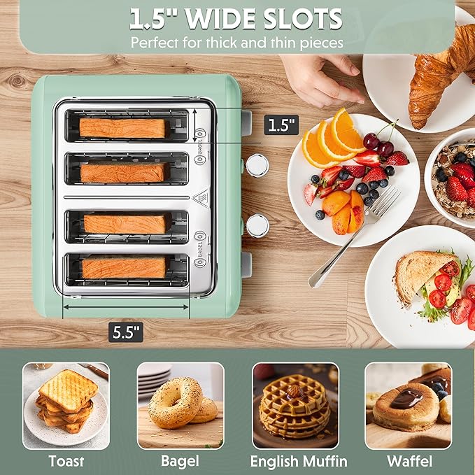 BUYDEEM DT640 Retro 4 Slice Toaster, 7 Shade Settings, Extra Wide 1.5'' Slots, Stainless Steel Toaster with Bagel Muffin Defrost Reheat Function, Green