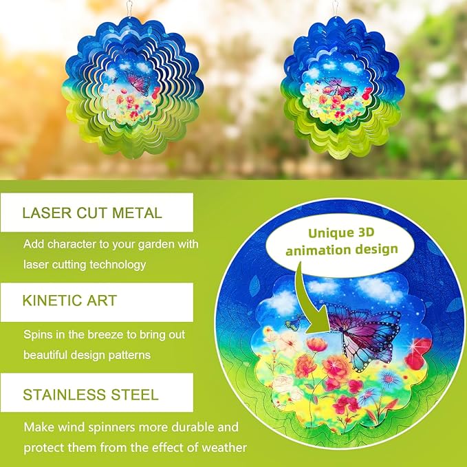 Butterfly Metal Wind Spinners - Butterfly Gifts for Women Mom Grandma Wife, Hanging Animations Wind Spinner for Outdoor & Indoor Decorations, 12 inch for Ornament Gifts