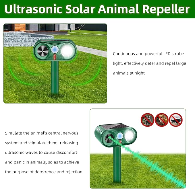 2025 2Pack Solar Ultrasonic Animal Repellent Outdoor Deer Repellent Devices with Motion Detection Waterproof Cat Repellent Outdoor Dog Raccoon Squirrel Rabbit Skunk Deterrents for Yard Garden Farm