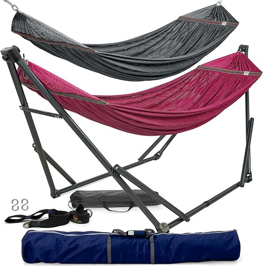 Tranquillo Combo x2 Hammocks with Stand for Outside & Tree Straps, Heavy Duty Hammock with Stand 600lbs for Indoor Outdoor Patio Backyard, x2 Hammocks for 2 Person, Portable Carrying Bags, Red
