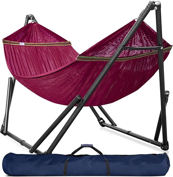 Tranquillo Universal Double Hammock with Stand Included for 2 Persons/Foldable Hammock Stand 600 lbs Capacity Portable Case - Inhouse, Outdoor, Camping, Red