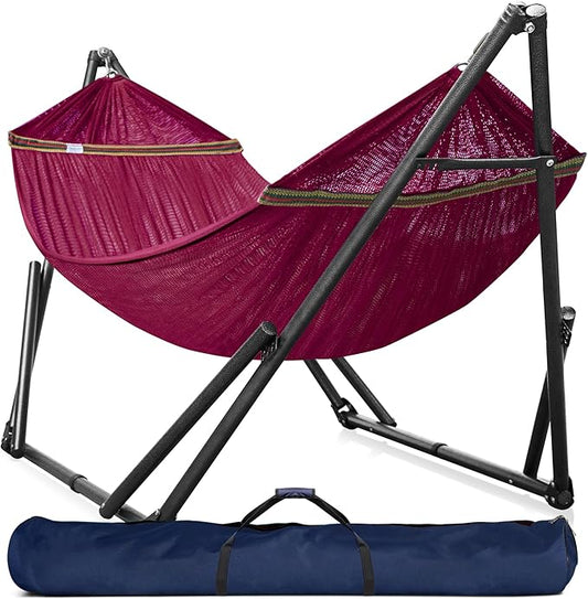 Tranquillo Universal Double Hammock with Stand Included for 2 Persons/Foldable Hammock Stand 600 lbs Capacity Portable Case - Inhouse, Outdoor, Camping, Red