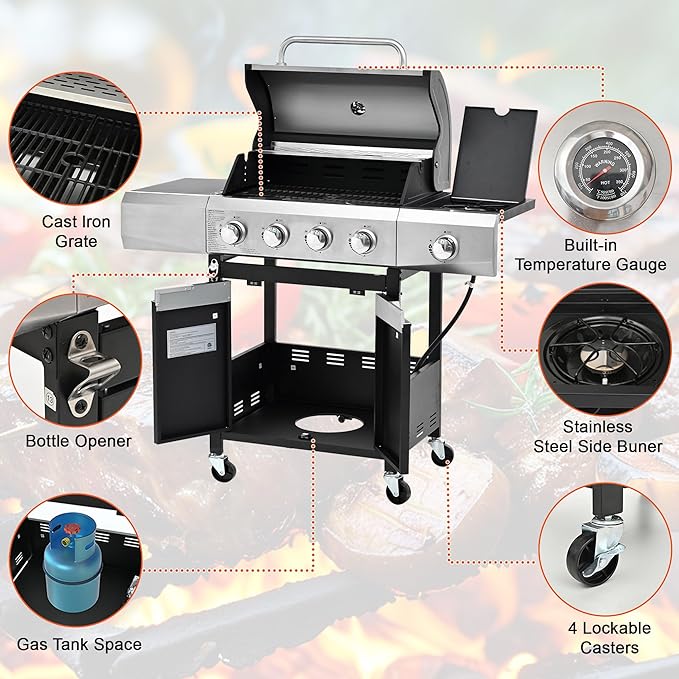 4-Burner BBQ Propane Gas Grill with Side Burner, 51,000 BTU Stainless Steel Patio Barbecue Grill with Waterproof Cover, Pull Out Grease Tray, For Camping, Outdoor Cooking (Style3)
