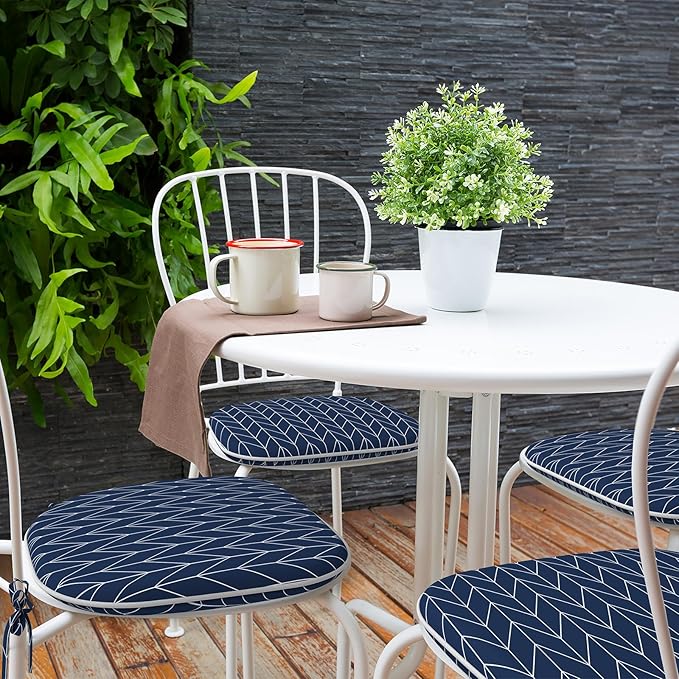 Indoor/Outdoor Chair Cushions 16x17 Inch, Patio Chair Cushions with Ties, All Weather Seat Cushions for Patio Furniture Home Garden Chair Use, Set of 4, Herringbone Navy