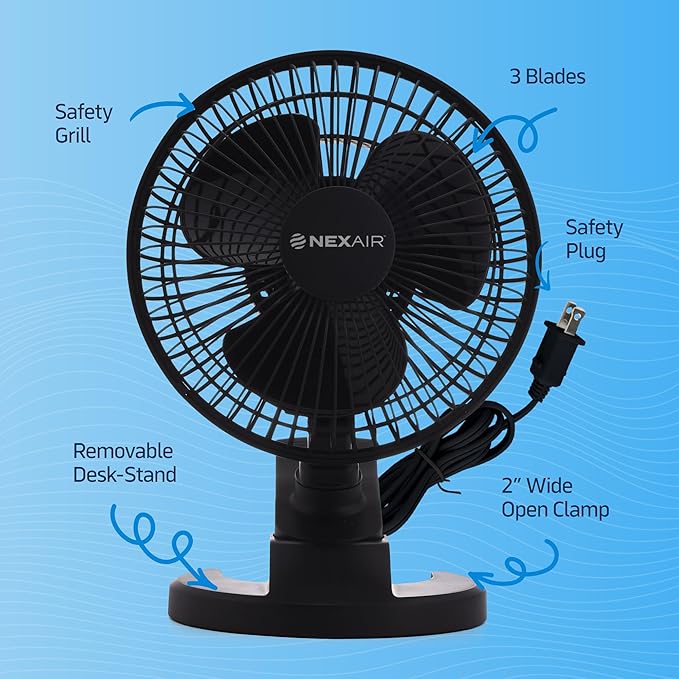 6-Inch Portable Desk or Clip-on Fan with Two Quiet Speeds - Small Personal Cooling Fan for Desk, Home, Bedroom and Office, 180° Adjustable Tilt up- down 360° Rotation, Strong wide Clamp Grip