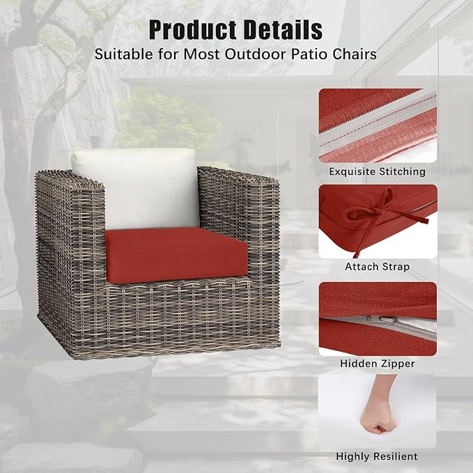 Favoyard Outdoor Chair Cushion 24 x 24 x 4 Inch Rainproof & 3-Year Fade Resistant Patio Furniture Cushions with Removable Cover and Adjustable Ties for Garden Sofa Couch Pads Set of 2, Red