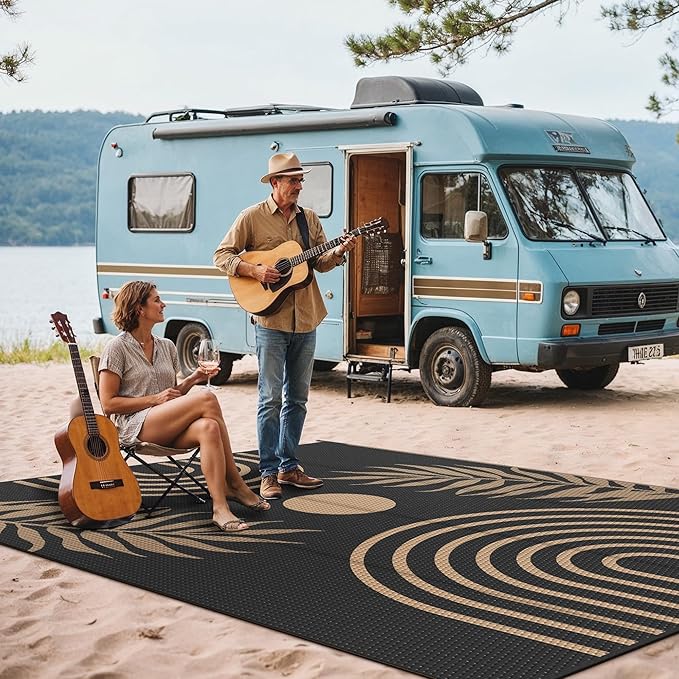 GENIMO Outdoor Rug 8' x 10' Waterproof for Patio Clearance, Reversible Lightweight Plastic Straw Camping Carpet, Large Area Rugs Mats for Rv, Backyard, Deck, Porch, Picnic, Balcony, Mix-Black & Brown