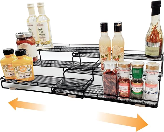3 Tier Wide Expandable Cabinet Spice Rack Organizer (14.5" to 29.1") - Step Shelf with Protection Railing, Black