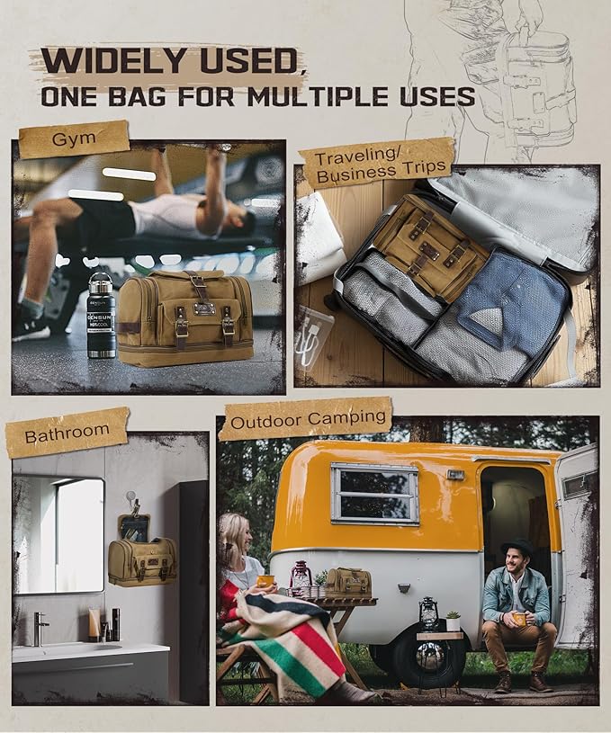 ARCFOX Travel Hanging Toiletry Bag for Men, Vintage Canvas Large Toiletry Bag with 7 Compartments, Camping Gym Travel Toiletry Kit Organizer with PVC Wet & Dry Pockets, Personalized Wash Bag, Brown