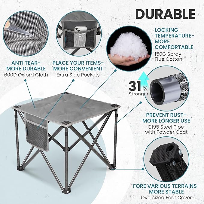 FUNDANGO Folding Camping Stool, 18.1 Inch Oversized Foot Stools 400 Lbs Heavy Duty Portable Padded Seat Anti-Slip Foots & Carry Bag for Fishing Outdoor Lawn Travel (Grey)