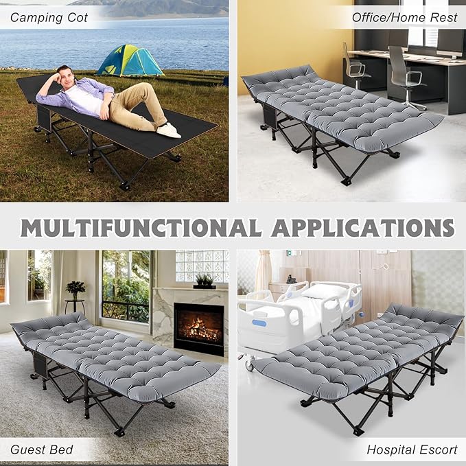 ABORON 2 Pack Folding Camping Cot W/Mat for Adults, Heavy Duty Outdoor Bed with Carry Bag,1200 D Layer Oxford Travel Camp Cots