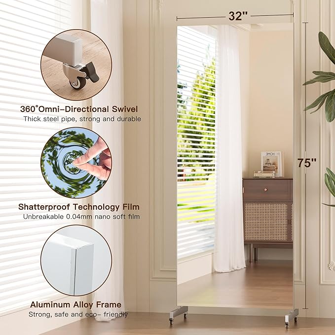 brisafe Home Gym Mirror 360° Swivel on Wheels, 75" X 32" Nano Film Super Lightweight Unbreakable Full Length Mirror for Yoga, Dance Studio, Silver