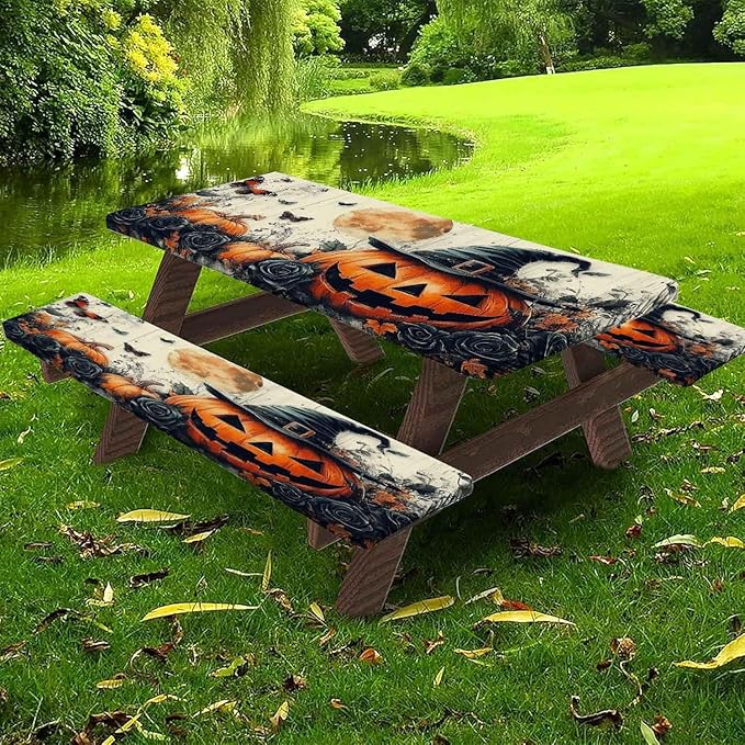CAPSCEOLL Fitted Picnic Table Cover with Bench Covers with Elastic 8Ft Waterproof Picnic Table Cloths Windproof Outdoor Camping Tablecloth with Drawstring Bag, 96X30in, Halloween Pumpkins