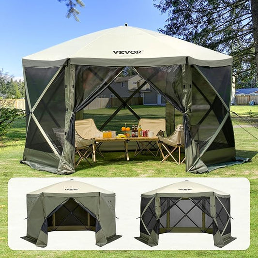 VEVOR 12x12ft Pop Up Gazebo Tent with Mosquito Netting, 6 Removable Wind Panels & 2 Mesh Windows, Outdoor Canopy Shelter for Patio, Army Green