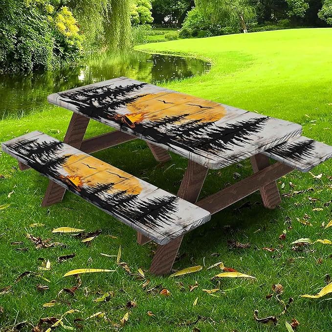 CAPSCEOLL Fitted Picnic Table Cover with Bench Covers with Elastic 8Ft Waterproof Picnic Table Cloths Windproof Outdoor Camping Tablecloth with Drawstring Bag, 96X30in, Camping on Wood