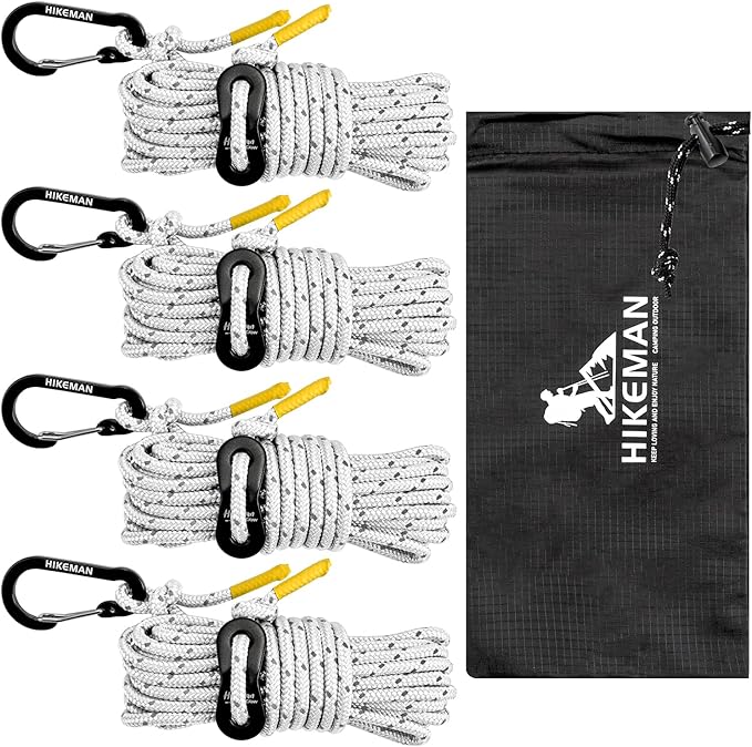 HIKEMAN Reflective Tent Rope Guyline - 4M Camping Guide Ropes,4mm Tent Guy Ropes Cord with Aluminum Tensioners Adjuster for Outdoor Camping Hiking Caravan Awning Tents (White, 4mm)