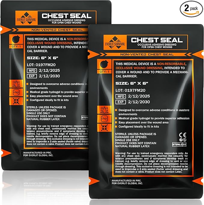 EVERLIT Occlusive Chest Seal Non-Vented Adhesive Dressing for Open Chest Injury and Sucking Chest Wound (2 Count)