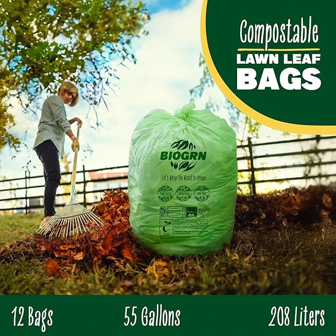 50-55 Gallon Compostable Trash Bags Flat-Top 12 Bags Heavy Duty 1.57 Mil 208.2 Liter Large Lawn and Yard Waste Bag Compost for Outdoor Garden ASTM D6400, US BPI and OK Compost Home Certified