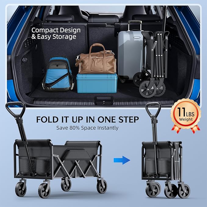 Collapsible Wagons Carts Foldable with 220lbs Weight Capacity, Lightweight Utility Portable Wagon Cart with Wheels, Grocery Foldable Wagon for Beach, Garden, Sports and Camping, Black