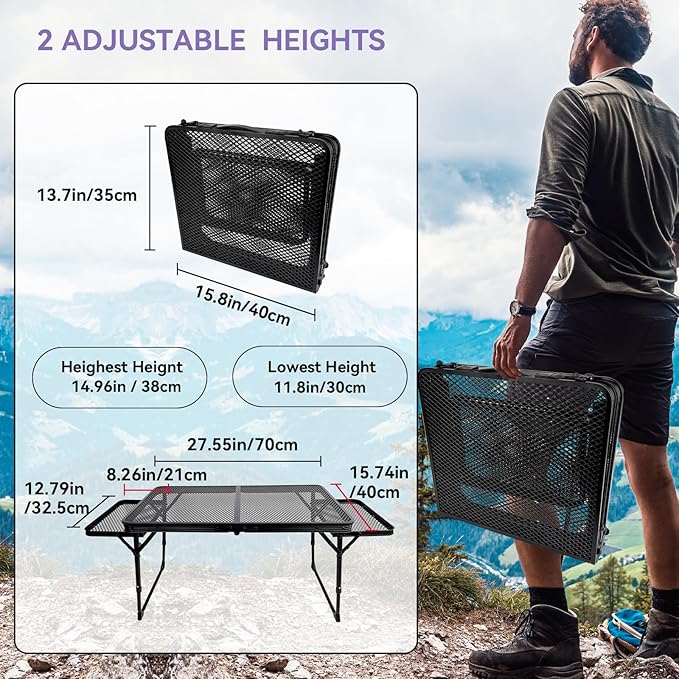 BRIAN & DANY Folding Grill Table Camping Table, Metal Portable Picnic Table, Lightweight Height Adjustable Foldable Table for Outdoor, Black, 40.16"x15.7"x11.8/14.9"