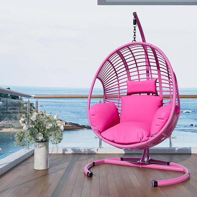 Oversized Hanging Egg Chair Outdoor Indoor, Wicker Swing Egg Chair with Stand 400lbs Capacity for Bedroom, Patio, Garden and Balcony (Pink-Regular, Oversize)
