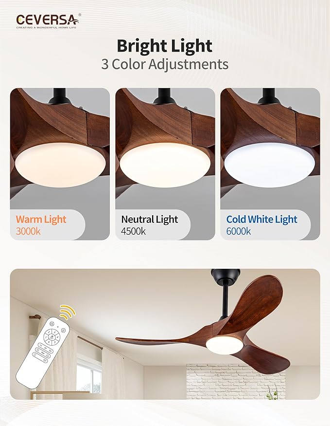 42 Inch Ceiling Fans with Lights and Remote, 3 Blades Outdoor Wood Propeller Ceiling Fans, Quiet Noiseless DC Motor for Farmhouse, Living Room, Bedroom, Indoor, Walnut