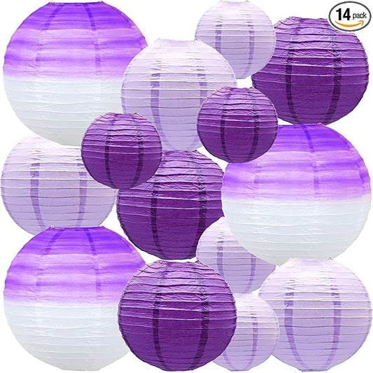 14 PCS Paper Lanterns, Gradient Purple Round Paper Decorative Lantern Lamps, Hanging Lanterns Chinese Tissue Indoor Room & Outdoor Party Supplies Decoration