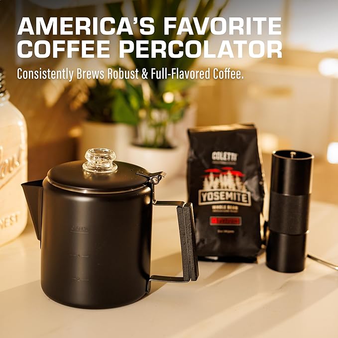 COLETTI Black Bozeman Percolator Coffee Pot — Camping Coffee Pot, Coffee Percolator Stovetop – America’s Sleekest Percolator – Pure Stainless Steel, NO Aluminum or Plastic (6 Cup)
