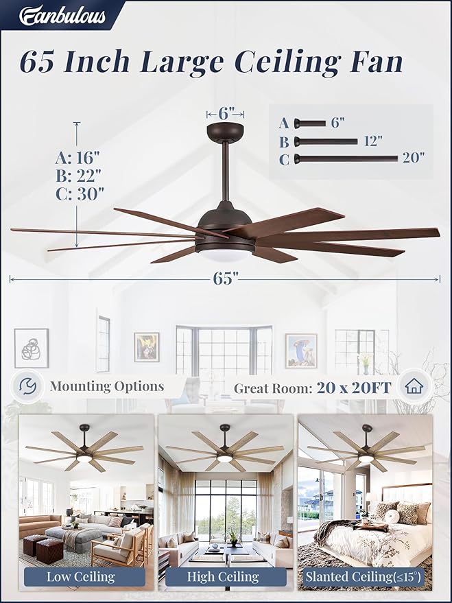 65 Inch Ceiling Fans with Lights and Remote, Walnut Indoor/Outdoor Ceiling Fan with Quiet Reversible DC Motor, 6 Speeds, 3CCT, 8 Blades Large Ceiling Fan for Living Room Bedroom Patio