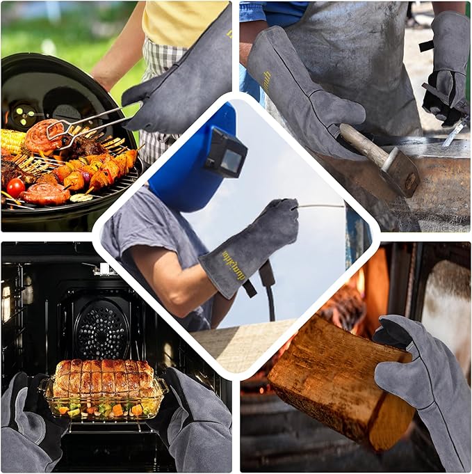 16" Leather Forge Welding Gloves, 932℉ Heat/Fire Resistant, Multi-Use Mitts for TIG/MIG Welding, BBQ, Oven, Baking, Furnace, Beekeeping, Animal Handling & Stove Safety，Ambidextrous
