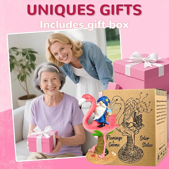 Funny Flamingo Gnome Solar Garden Statue with LED Light - Outdoor Yard Lawn Patio Decor - Great Birthday Housewarming Gift for Women, Mom, Grandma