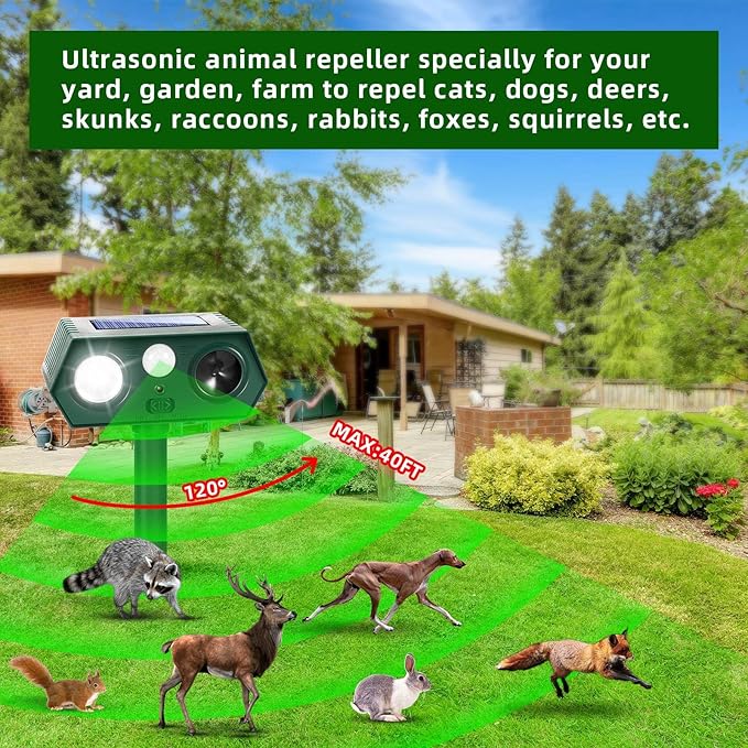 2025 Solar Ultrasonic Raccoon Squirrel Deer Repellent Rabbit Deterrent Animal Repeller Sonic Fortress Pro with Flash Light Motion Sensor to Keep Cat Dog Fox Skunk Out of Garden Yard(2Pack)