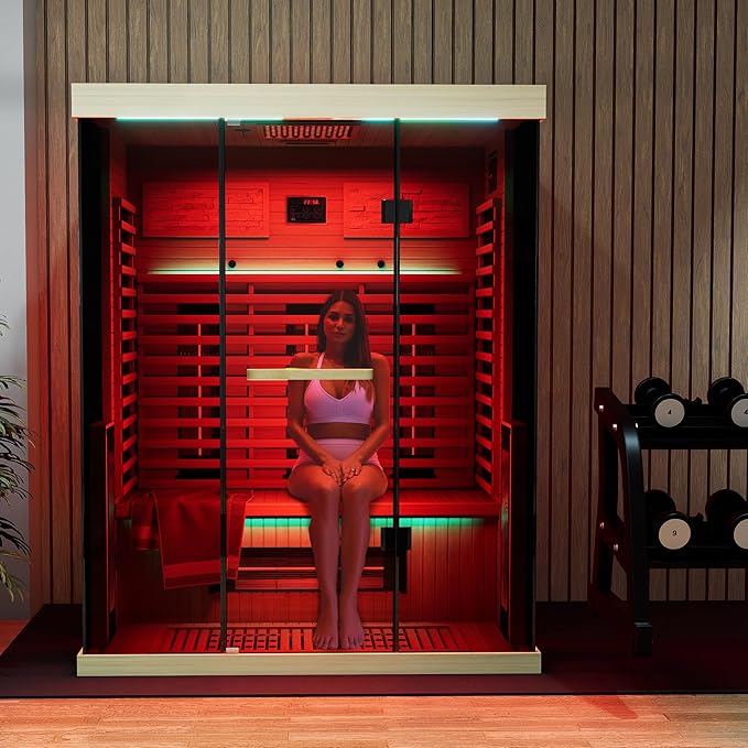 Full Spectrum Infrared Sauna，2-3 Person Home Sauna，Wooden Canadian Hemlock Indoor Spa Sauna with Resonance Speaker, Panoramic Tempered Glass Door