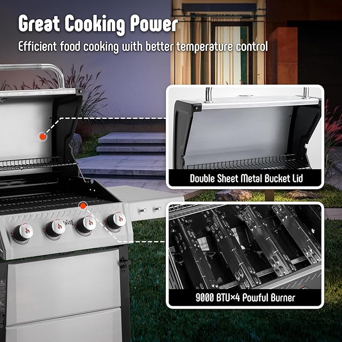 4-Burner Propane Gas Grill with Side Burner&Table, Outdoor BBQ Grill with Porcelain-Enamel Cast Iron Grates for Patio, 48,000 BTU Output Propane Grills for Outdoor Cooking, Stainless Steel