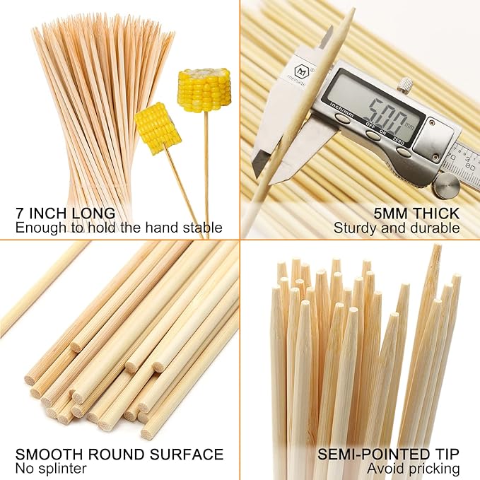 BLUE TOP 200pcs Bamboo 5mm 7in Skewer Sticks, Strong & Durable, Eco-Friendly, Smooth & Safe, Multi-Use