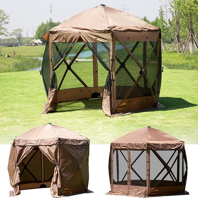 Pop Up Screen Tent, 12'x12' Windproof & UV Protection Sun Shelter, Portable Instant Setup, 6-Sided Screen Tent for Picnic, Camping, Backyard, Outdoor (Brown)