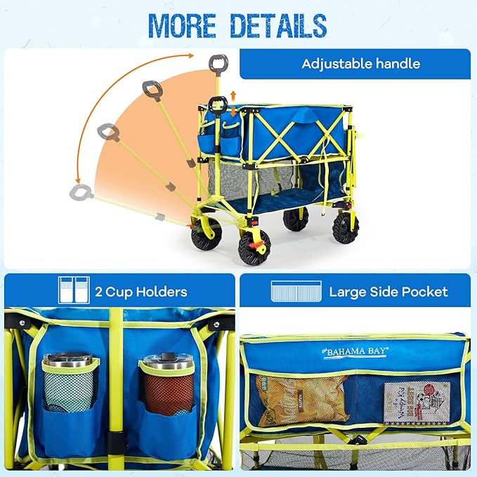 400L Collapsible Double Decker Beach Wagon with Brakes, Folding Beach Cart with 54" Extra Long Decker, 450LBS Heavy Duty Wagon Chart with All-Terrain Big Wheels for Sand Camping Garden