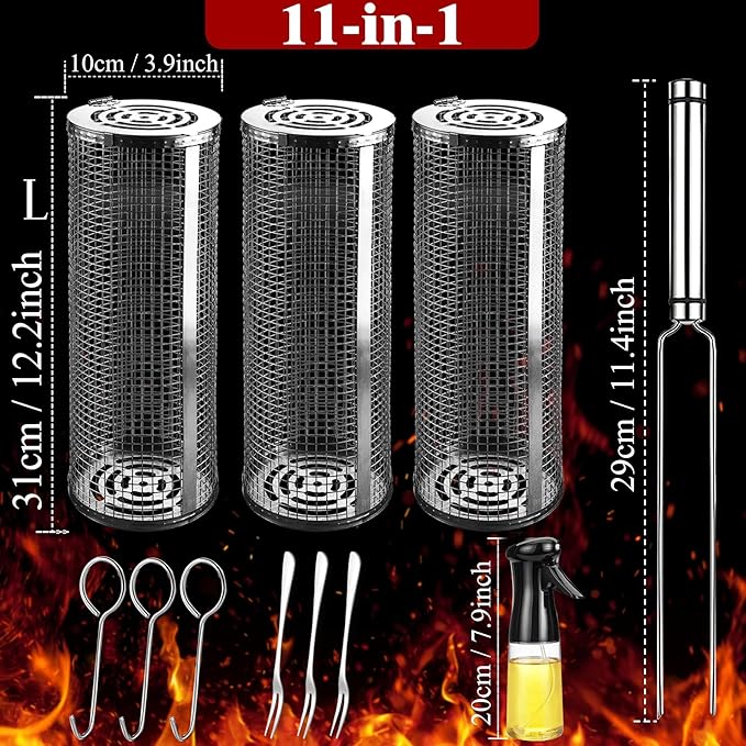 Rolling Grilling Baskets for Outdoor Grill Bbq Net Tube with Spray Bottle Large Outsidegrill Crate Baskrt Canisters Barbeque Basket for Camping Picnic Party Cooking Accessories Gifts for Men