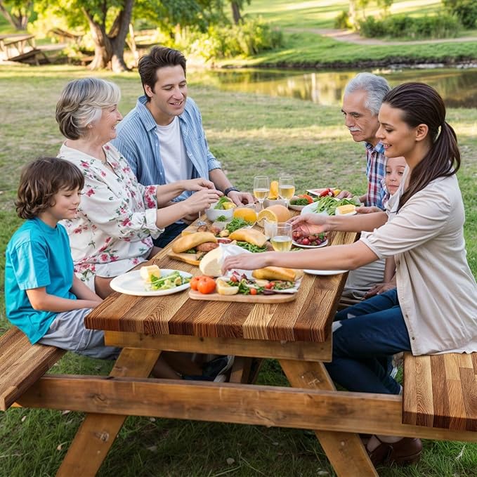 JAWO Picnic Table Covers with Bench Covers Wooden Pattern Camping Tablecloth Fitted Picnic Table Cover with Elastic Windproof Waterproof Fabric, Camping Accessories Patio & Outdoor