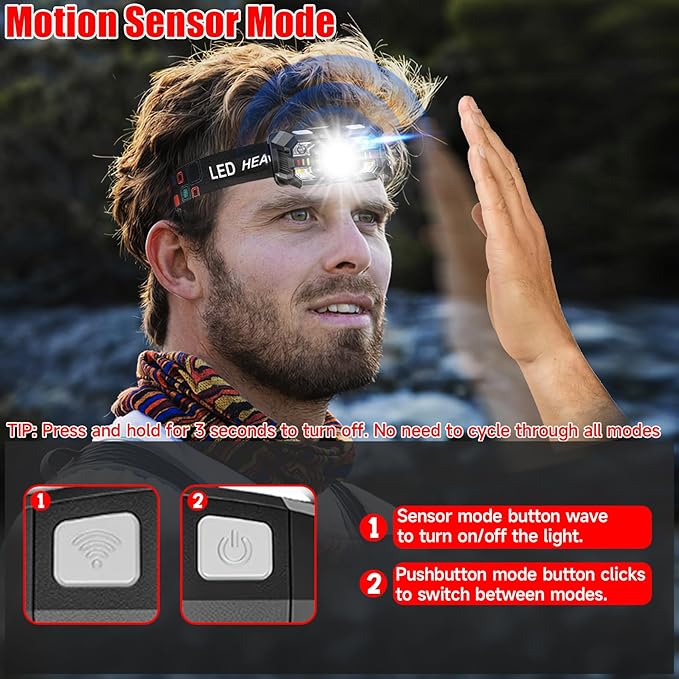 Headlamp Rechargeable 6Pack, 3000 Lumen Ultra-Light Bright Headlamp Flashlight with White Red Light, LED Headlight Motion Sensor, 5+5 Mode for Outdoor Camping Fishing Running Hiking (6)