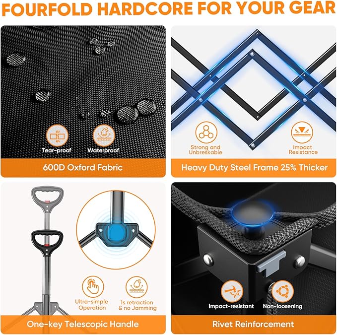 Big Rubber Wheels Beach Wagon Cart Foldable, 9x3 All-Terrain Wheels, Heavy Duty Collapsible Utility Wagon with 330lbs Capacity, Compact Storage, Easy Transport for Sand Camping Sports, Black