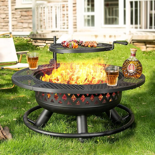 36 Inch Fire Pit with Grill,Wood Burning Fire Pits for Outside with Lid& Fire Poker,Round Metal Firepit Table 3 in 1 with Cooking Grate,Outdoor Firepits for Yard Patio Bonfire Camping(Black)